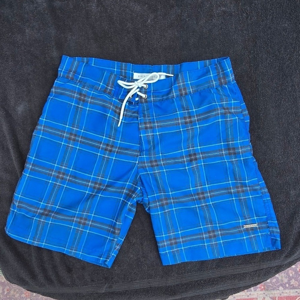 Parke & Ronen Mens Blue Plaid Swim Trunks Size 30 Lace Up Made in USA